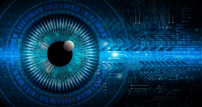 Binary circuit board future technology, blue eye cyber security concept background, abstract hi speed digital internet. Titima Ongkantong - shutterstock.
